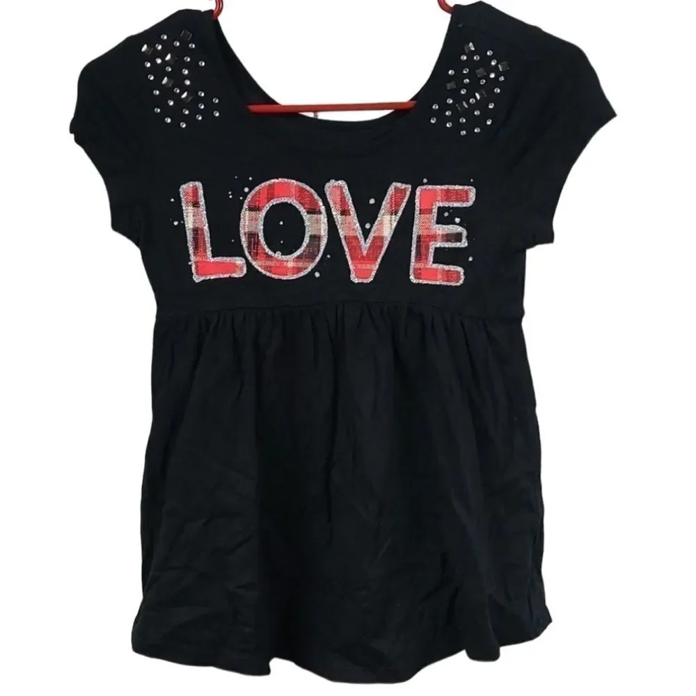 Justice Girls LOVE Plaid Glitter Rhinestone Stud Tunic Tee Black Size 10 Medium
